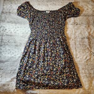 AUW Navy Blue Floral Rayon off the shoulder Mini Dress Size M
